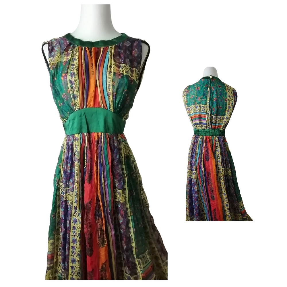 💅🏻 100% silk, multicolored patchwork maxi dress with crew neck